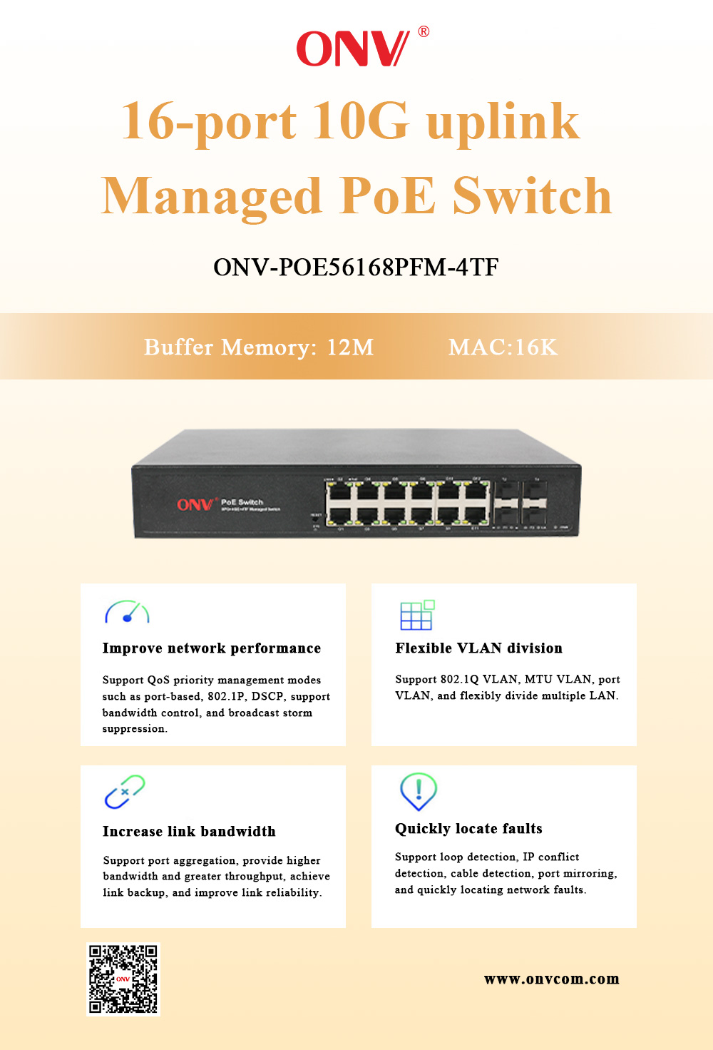 ONV, PoE switch, ONV-POE56168PFM-4TF, 10G PoE switch